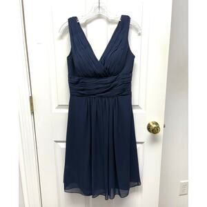 Bill Levkoff Dress Cocktail Navy V Neck Fit Flare Ruched Lined Cups Women’s 4